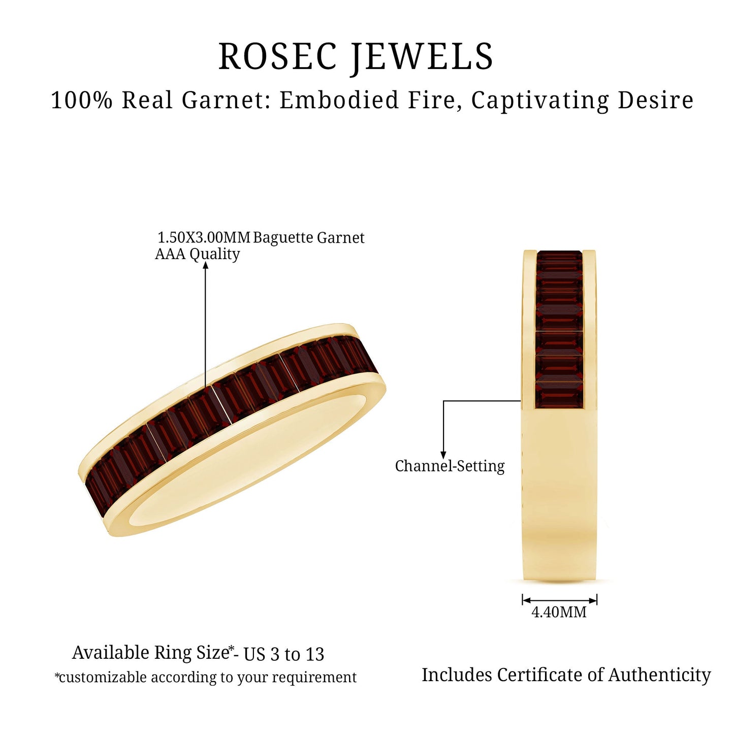 Natural Garnet Baguette Wedding Band in Yellow Gold Plated Silver