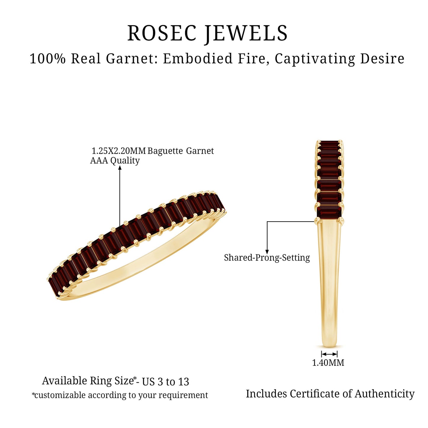 Certified Baguette Garnet Half Eternity Ring in Yellow Gold Plated Silver