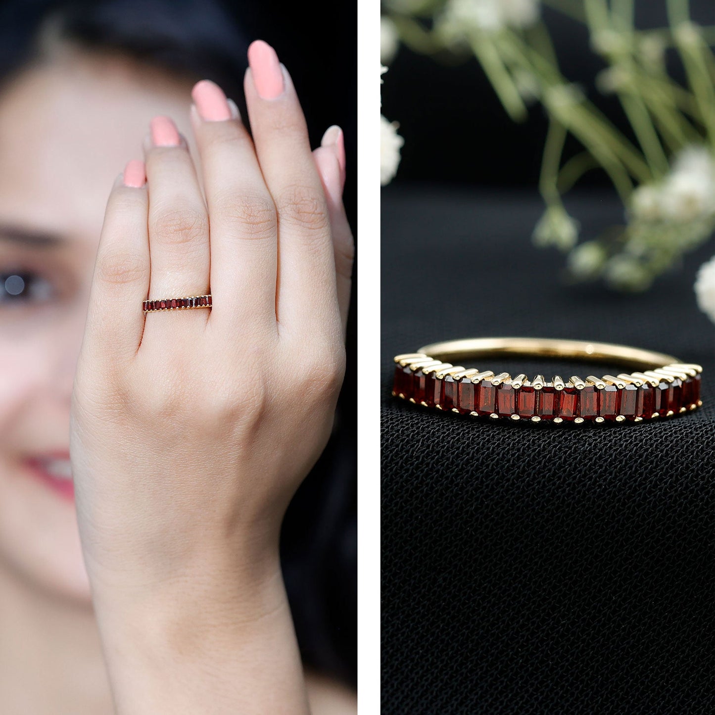 Certified Baguette Garnet Half Eternity Ring in Yellow Gold Plated Silver