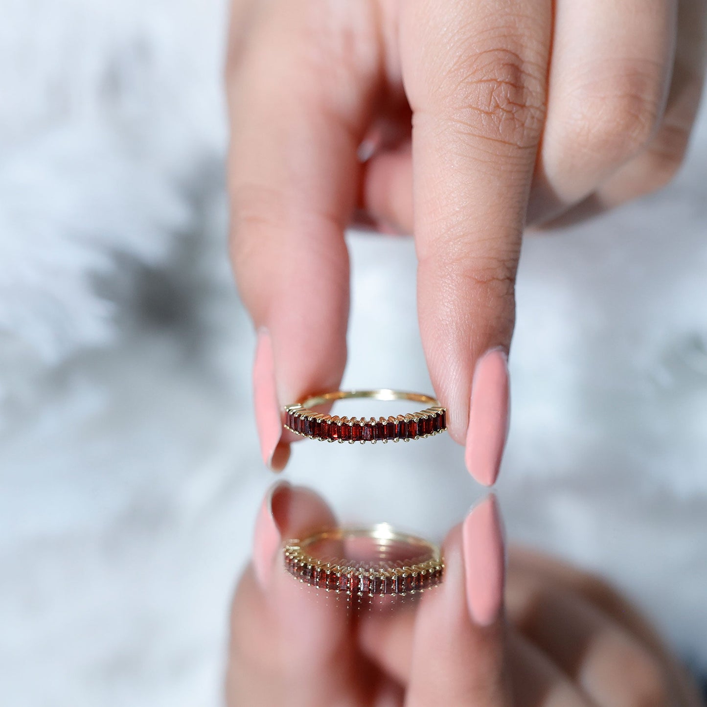 Certified Baguette Garnet Half Eternity Ring in Yellow Gold Plated Silver