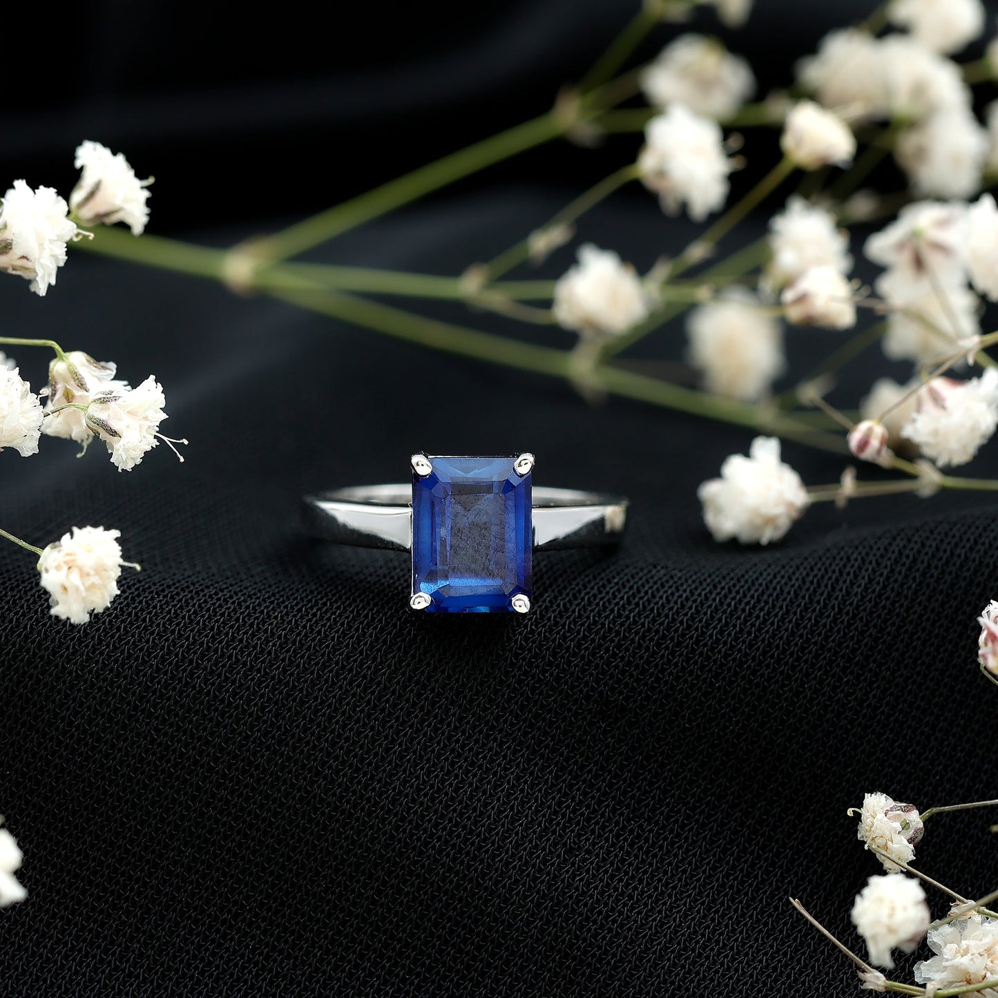 6X8 mm Emerald Cut Lab Created Blue Sapphire Solitaire Engagement Ring