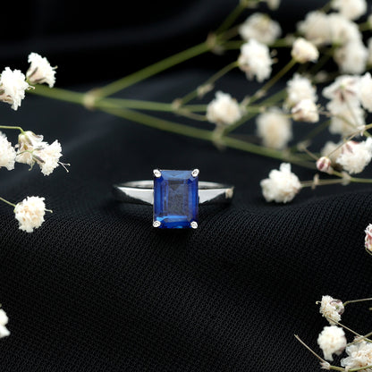 6X8 mm Emerald Cut Lab Created Blue Sapphire Solitaire Engagement Ring