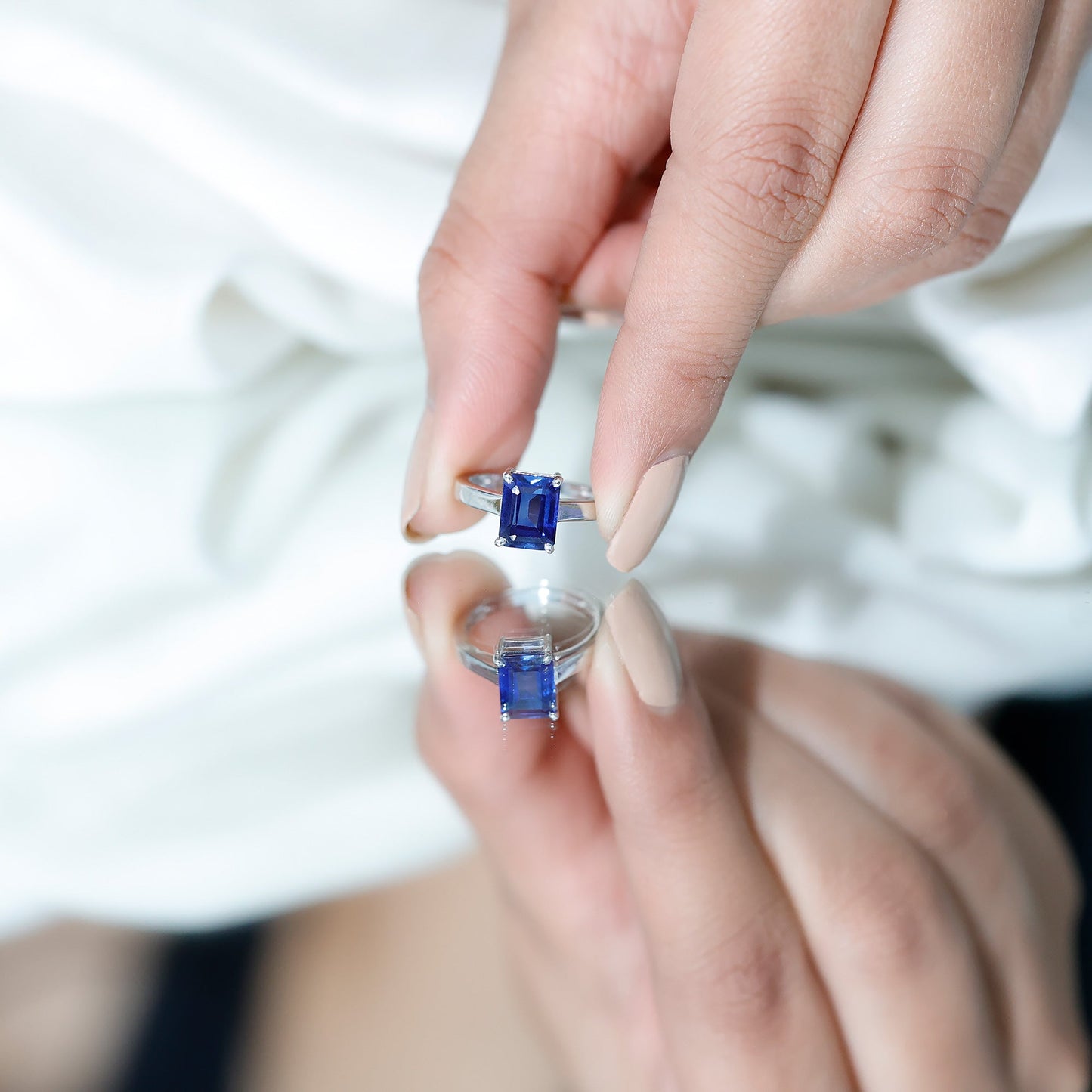 6X8 mm Emerald Cut Lab Created Blue Sapphire Solitaire Engagement Ring