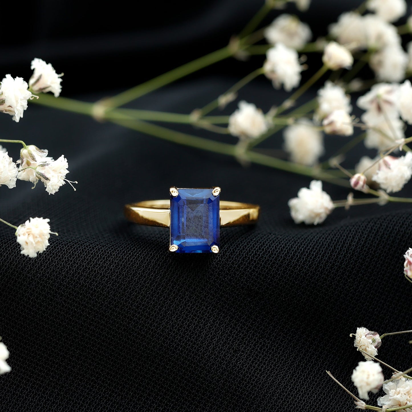 6X8 mm Emerald Cut Lab Created Blue Sapphire Solitaire Engagement Ring