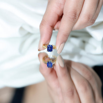 6X8 mm Emerald Cut Lab Created Blue Sapphire Solitaire Engagement Ring