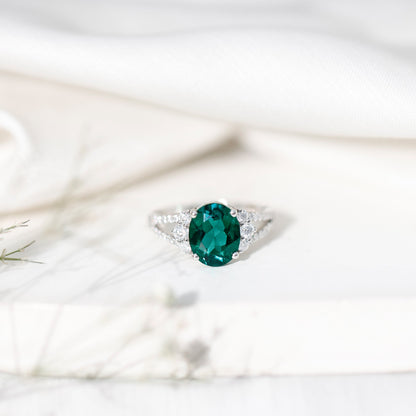 Certified 3 Carat Oval Lab Grown Emerald Split Shank Engagement Ring