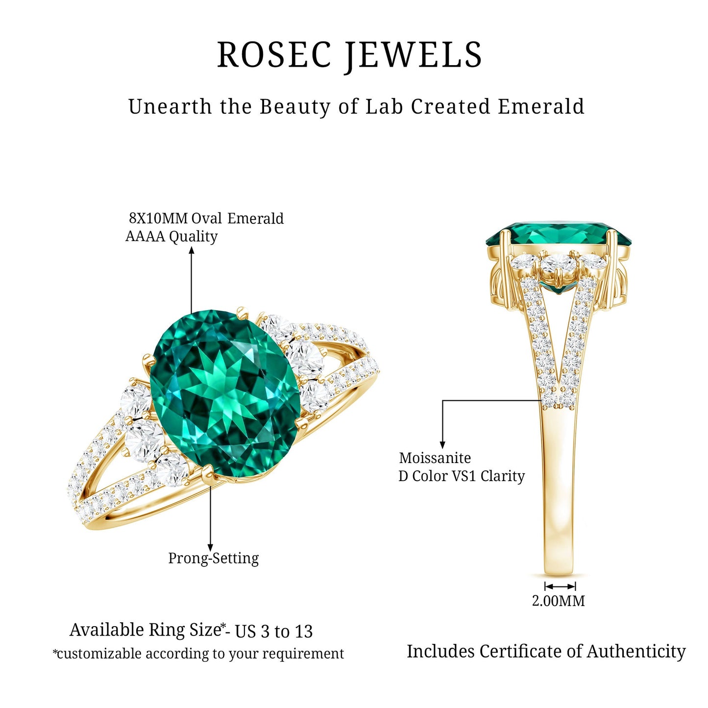 Certified 3 Carat Oval Lab Grown Emerald Split Shank Engagement Ring