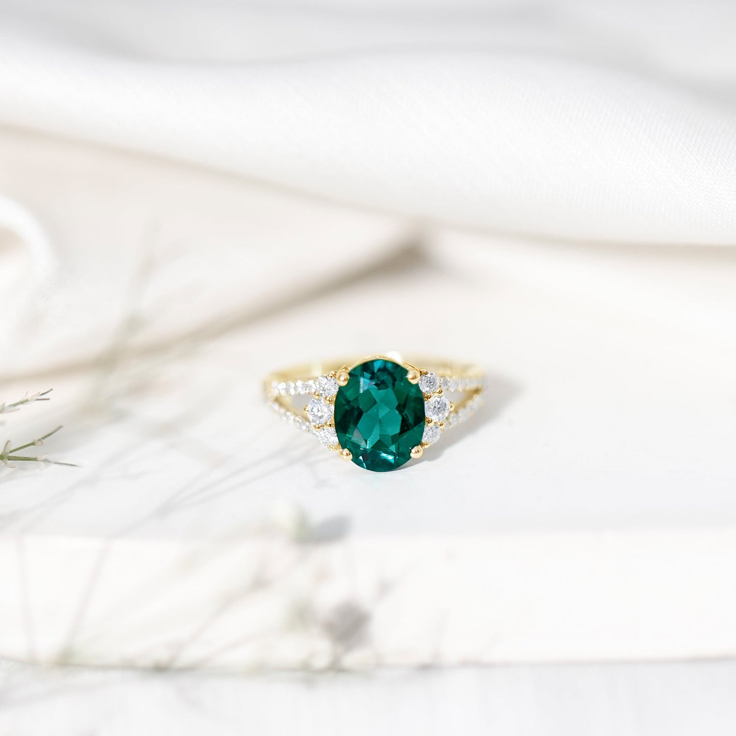 Certified 3 Carat Oval Lab Grown Emerald Split Shank Engagement Ring