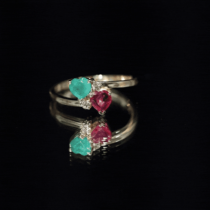 Heart Shaped Ruby Emerald Two Stone Engagement Ring