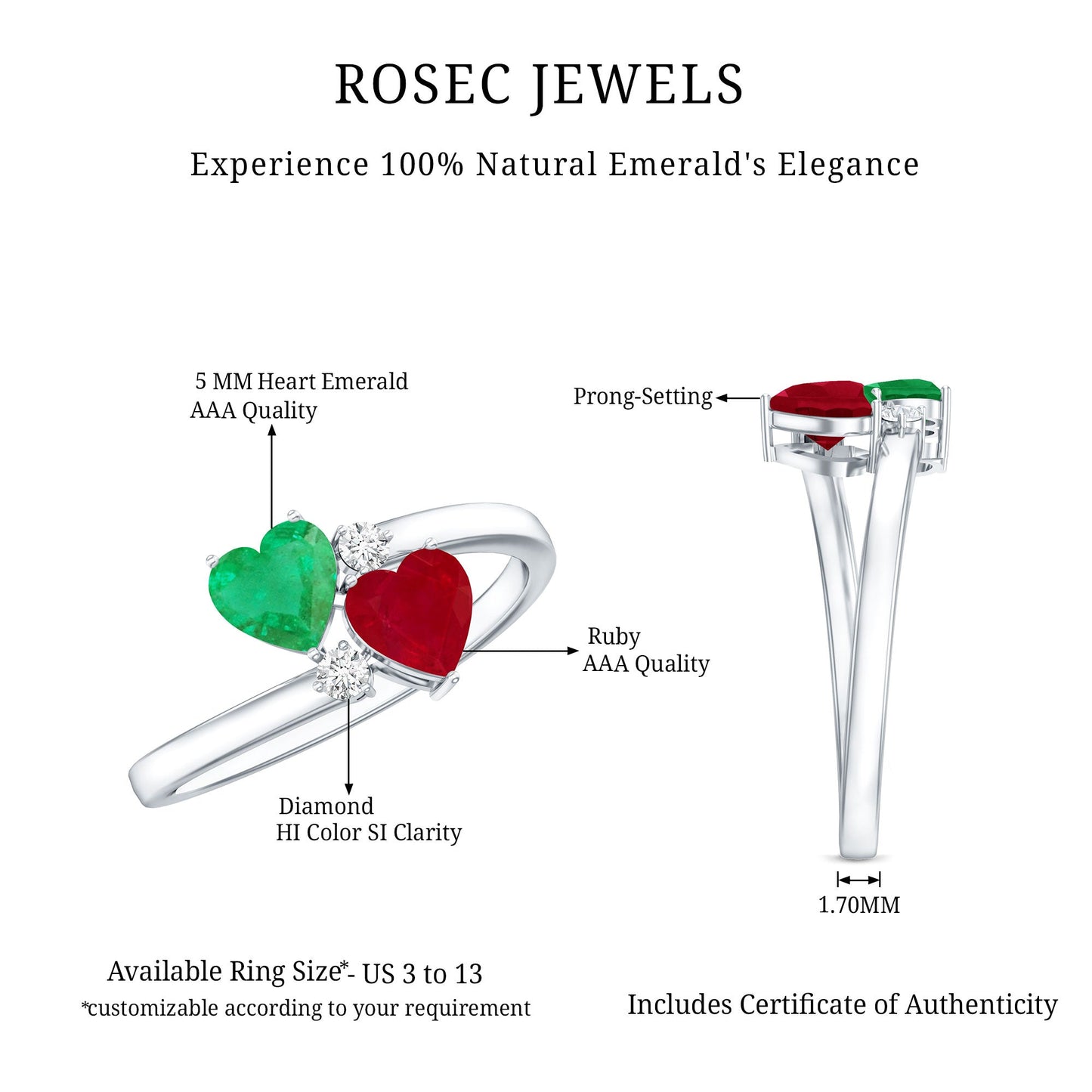 Heart Shaped Ruby Emerald Two Stone Engagement Ring