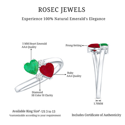 Heart Shaped Ruby Emerald Two Stone Engagement Ring