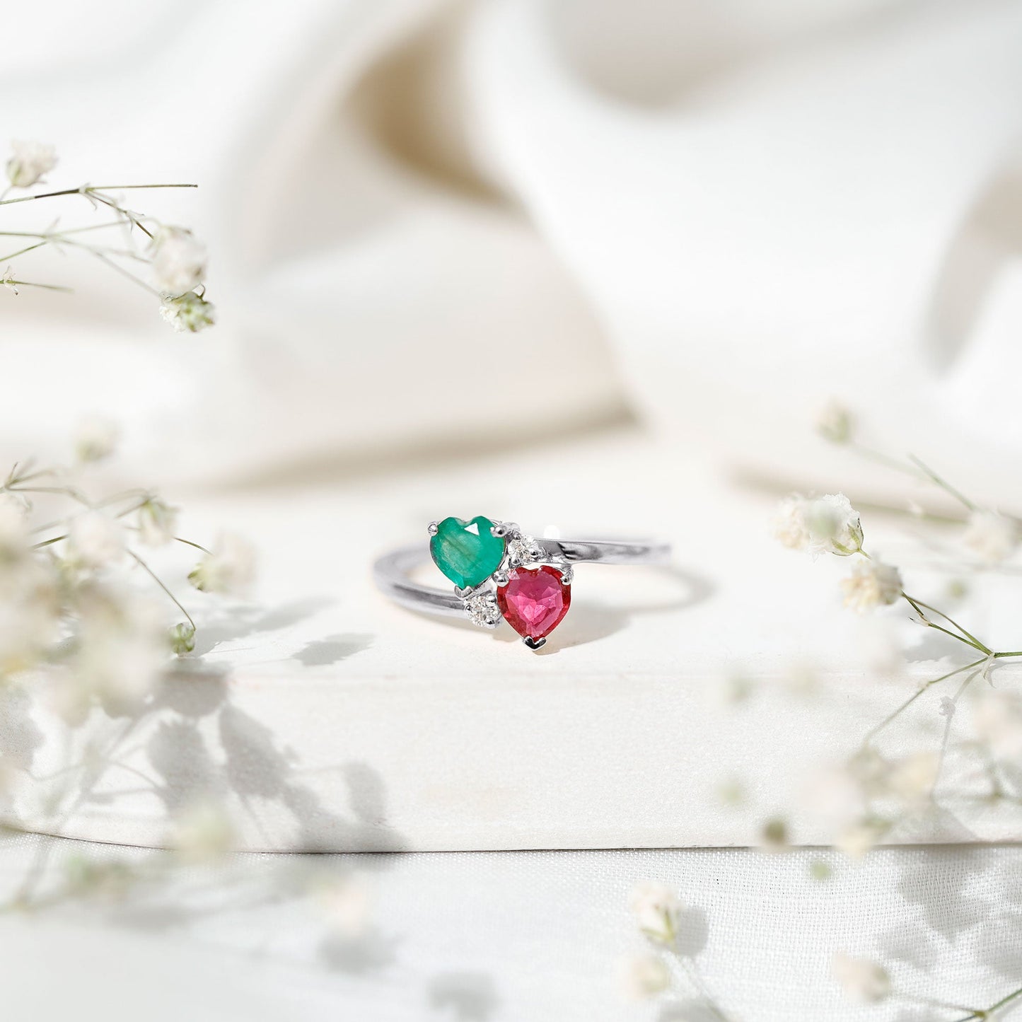 Heart Shaped Ruby Emerald Two Stone Engagement Ring