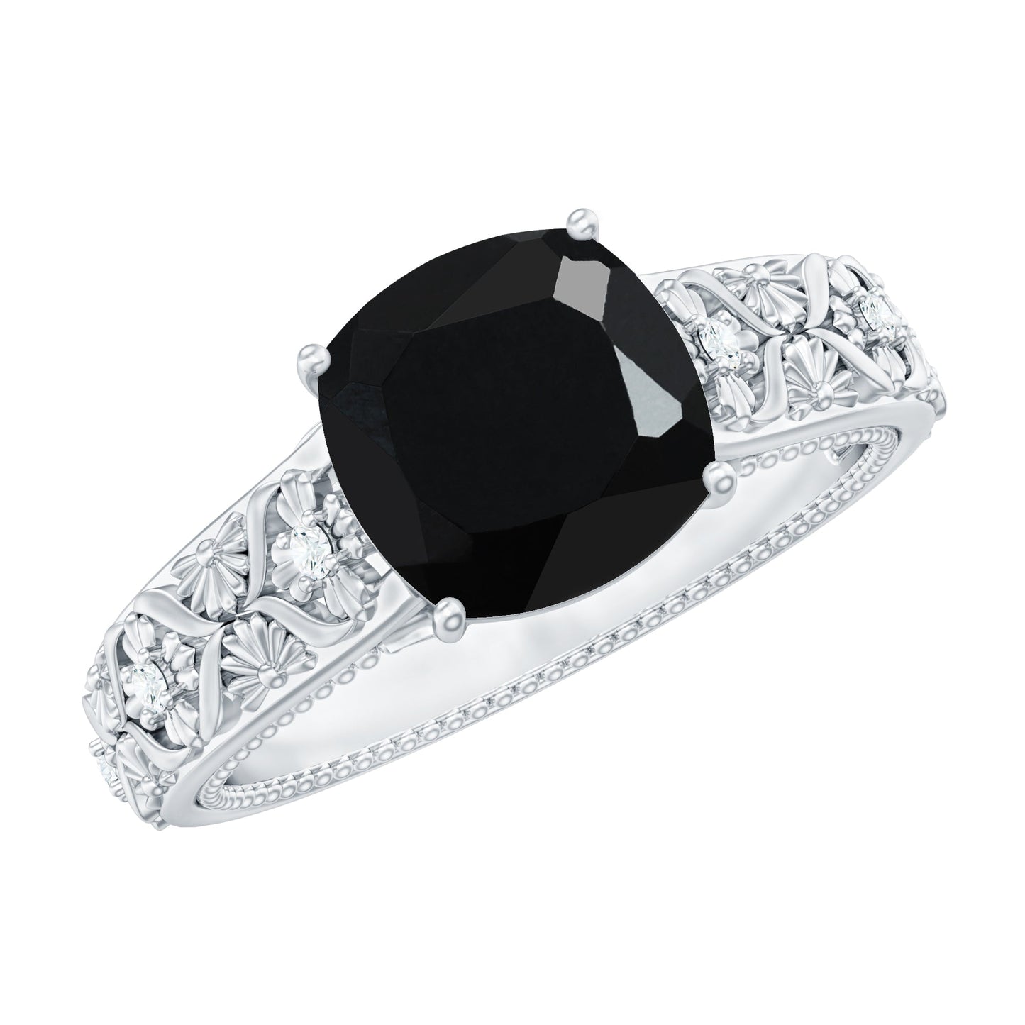 Genuine 2 Carat Black Spinel Vintage Engagement Ring with Diamond