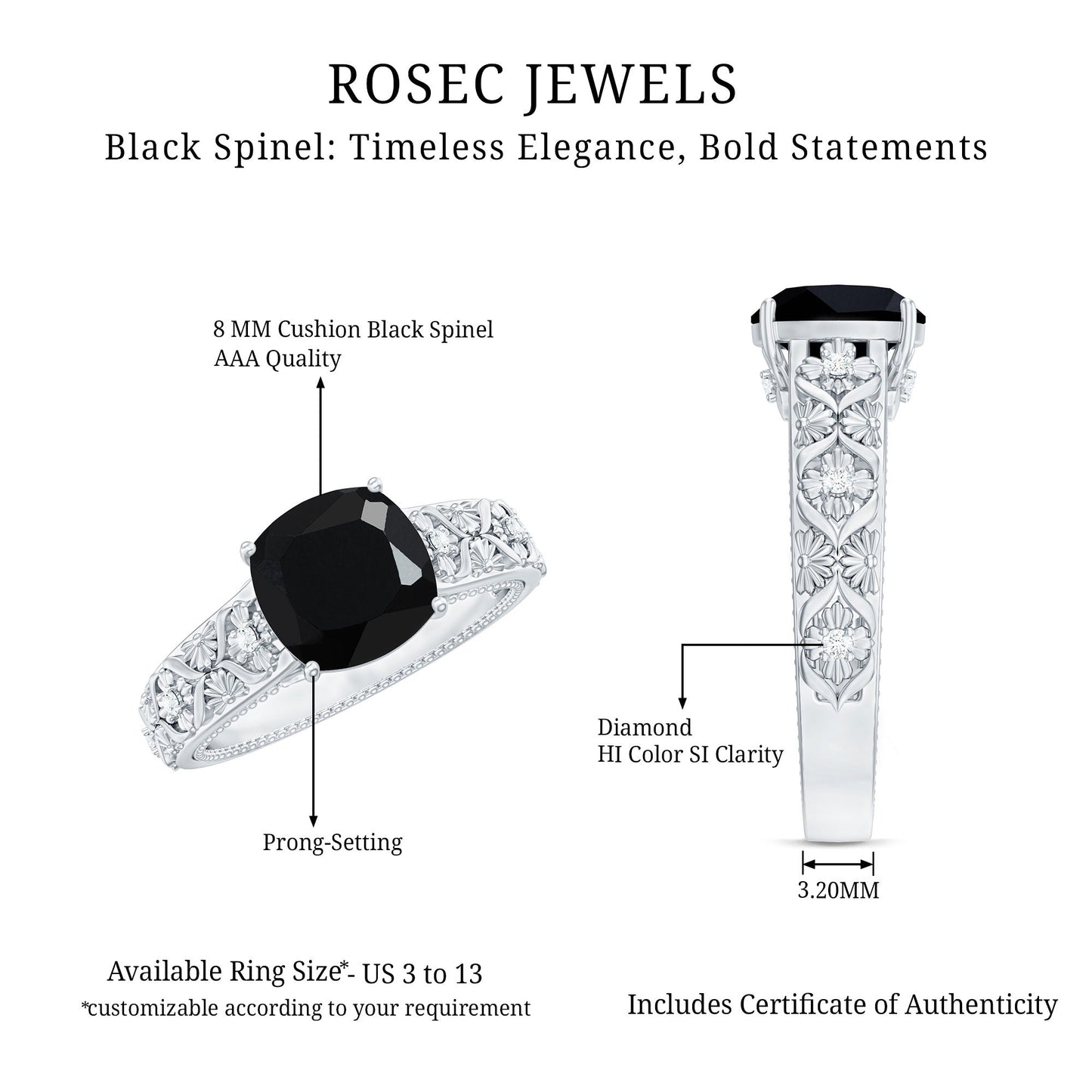 Genuine 2 Carat Black Spinel Vintage Engagement Ring with Diamond