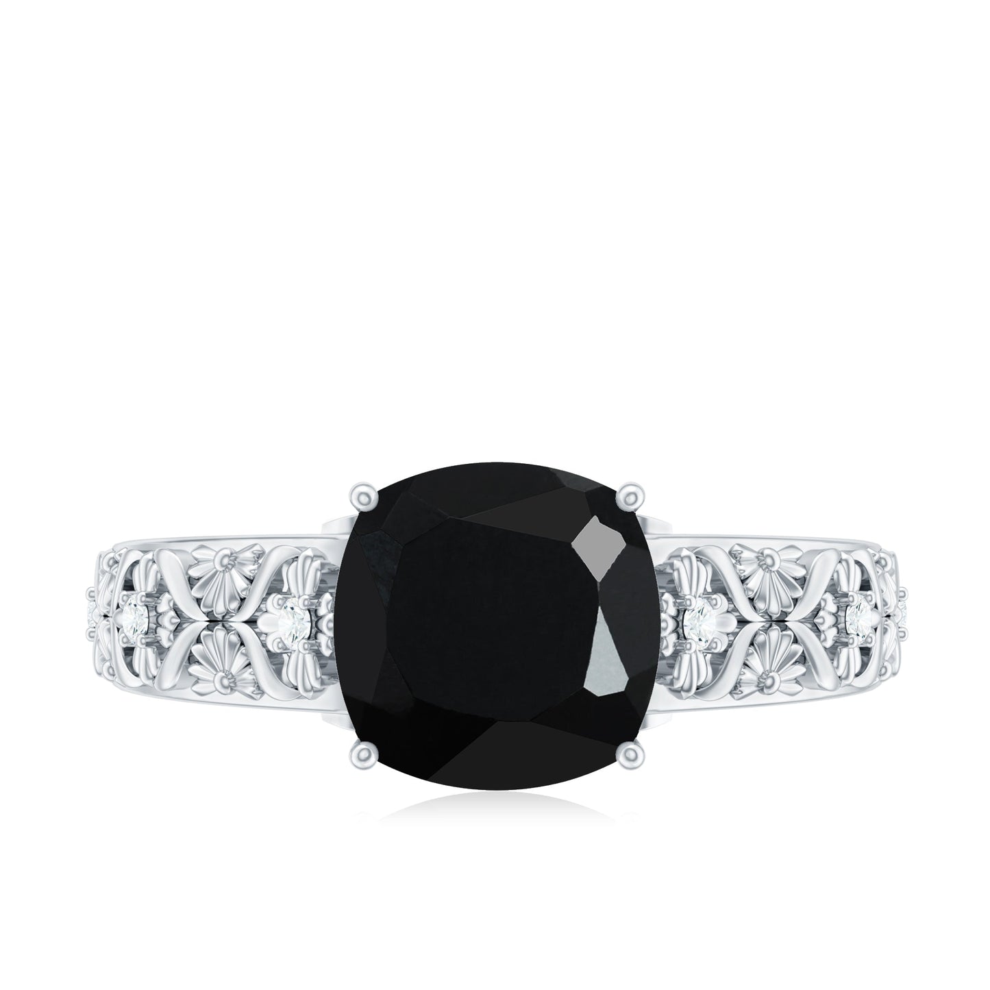 Genuine 2 Carat Black Spinel Vintage Engagement Ring with Diamond