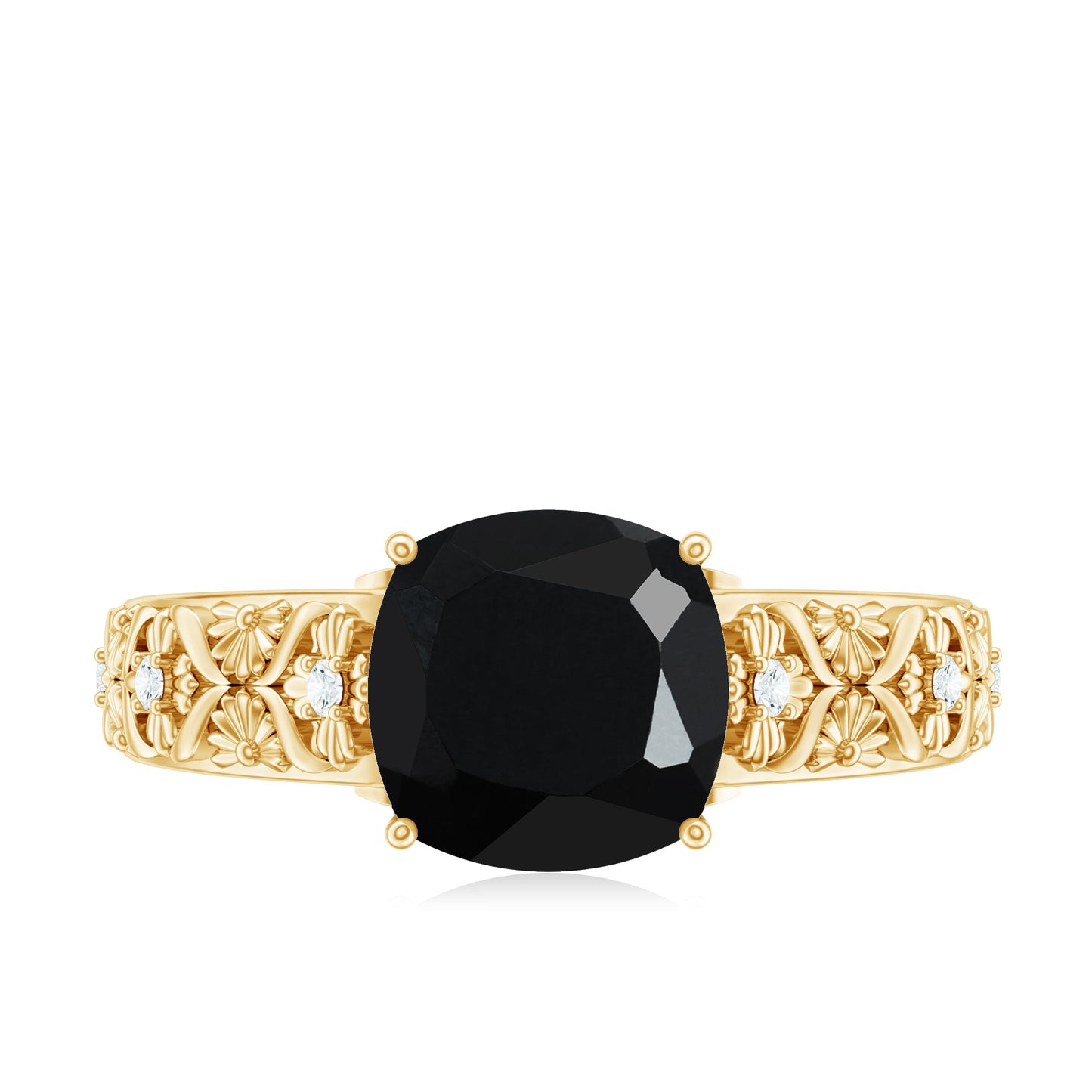 Genuine 2 Carat Black Spinel Vintage Engagement Ring with Diamond