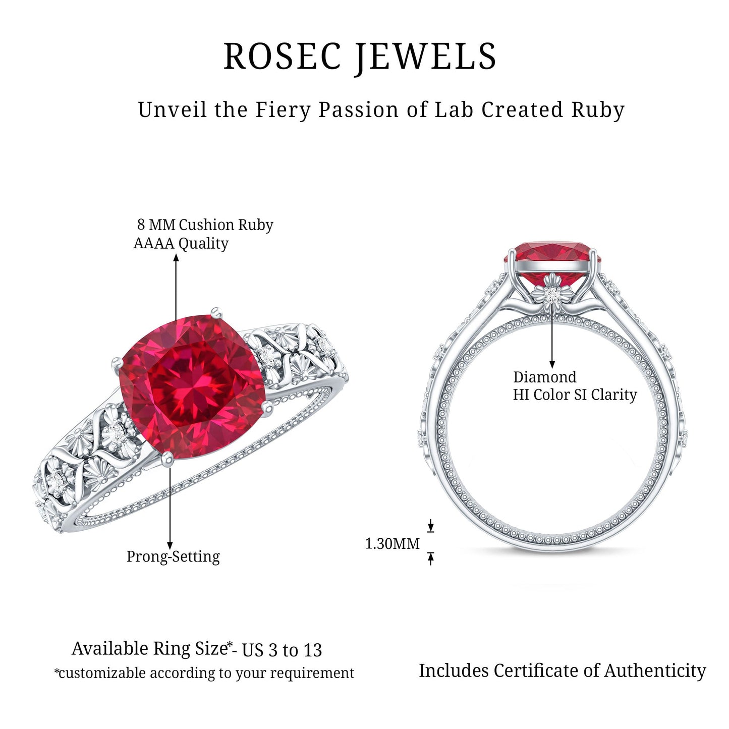 Vintage Inspired 2 Carat Cushion Cut Lab Created Ruby Engagement Ring