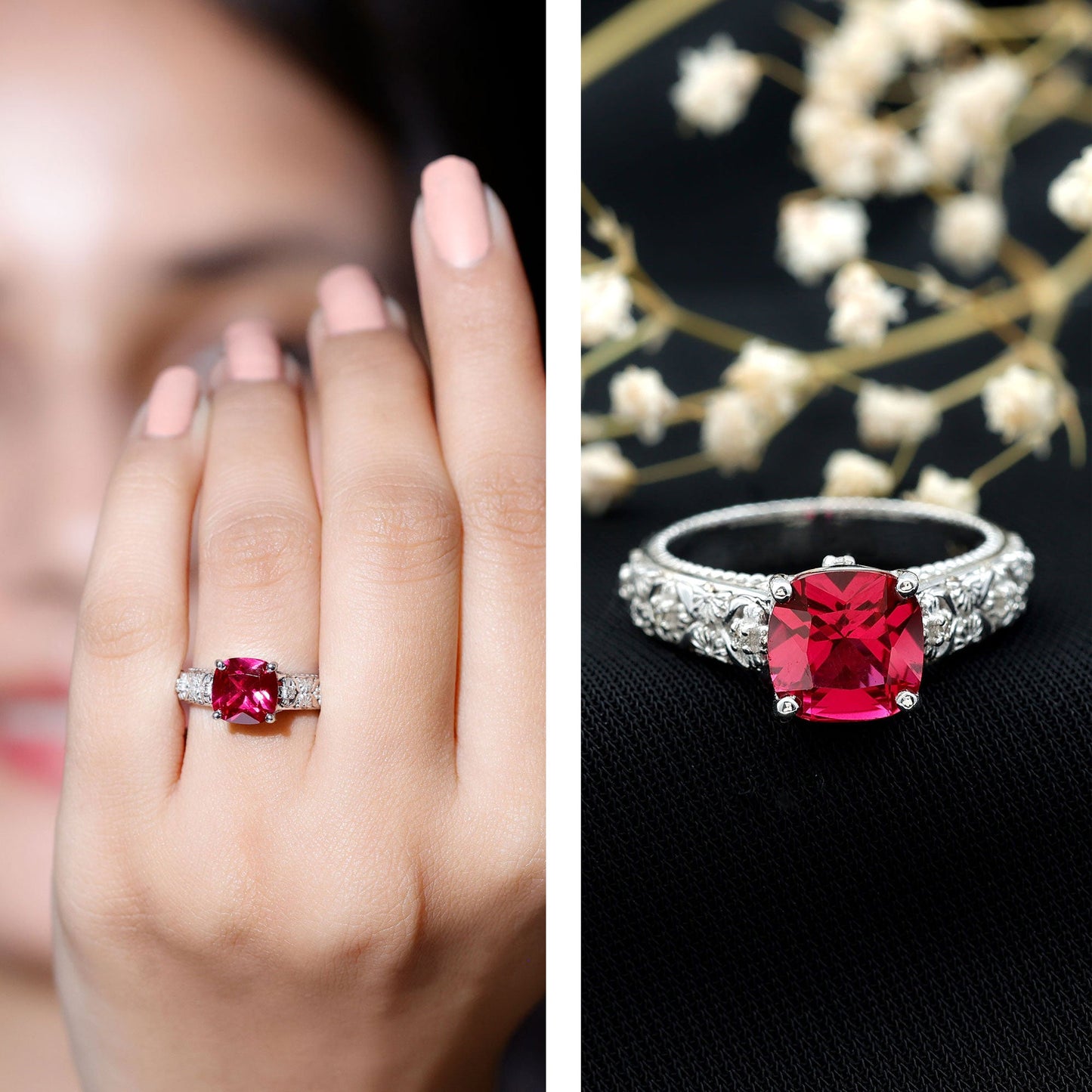 Vintage Inspired 2 Carat Cushion Cut Lab Created Ruby Engagement Ring