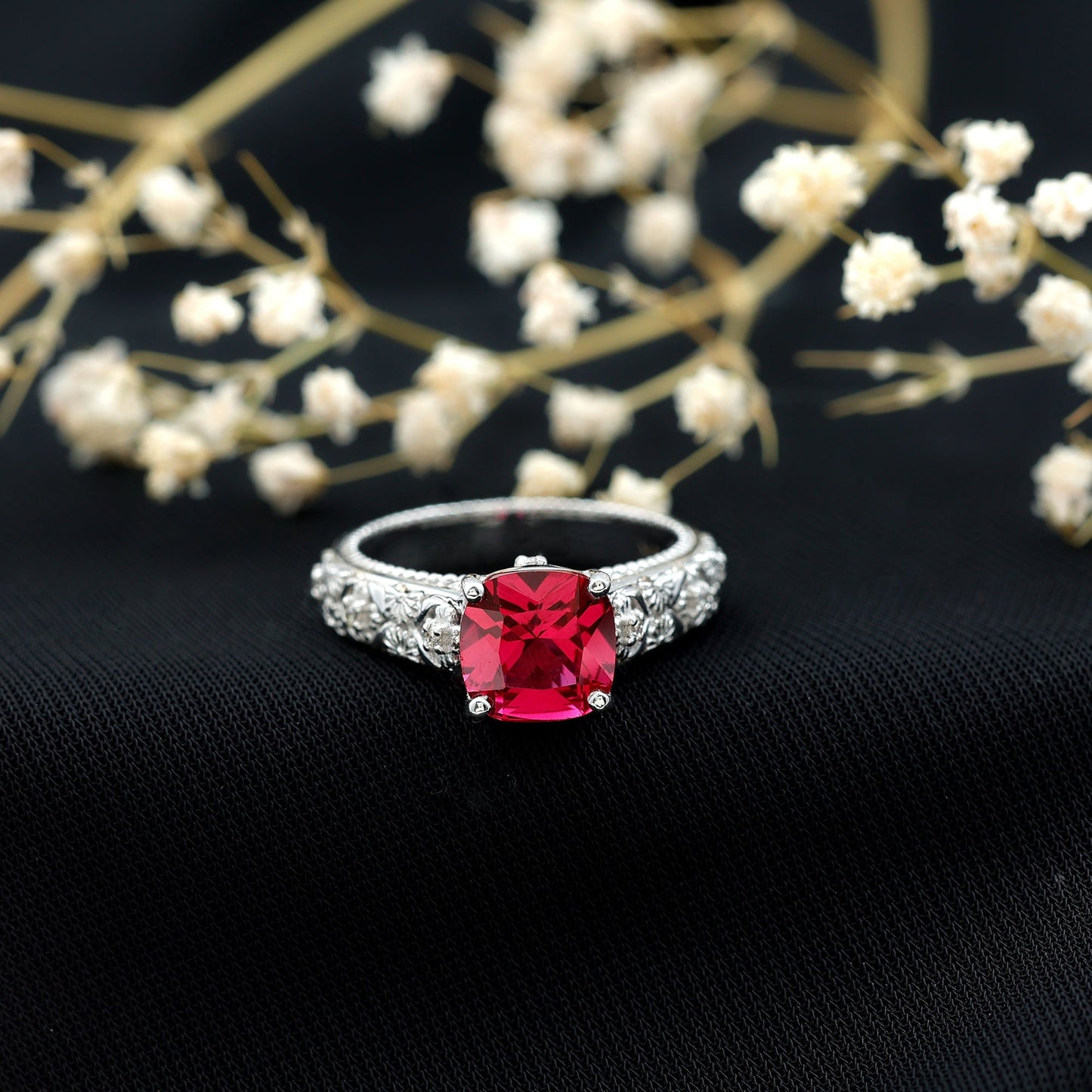 Vintage Inspired 2 Carat Cushion Cut Lab Created Ruby Engagement Ring