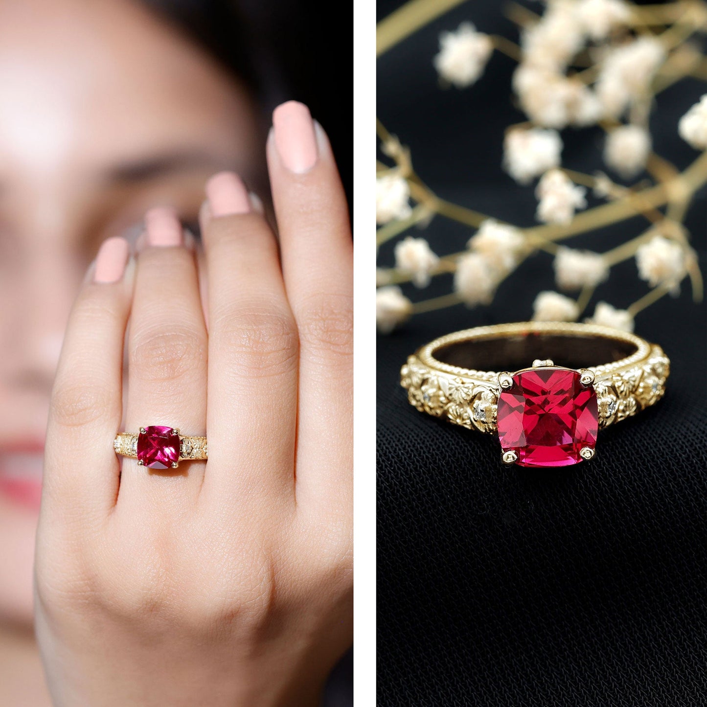 Vintage Inspired 2 Carat Cushion Cut Lab Created Ruby Engagement Ring