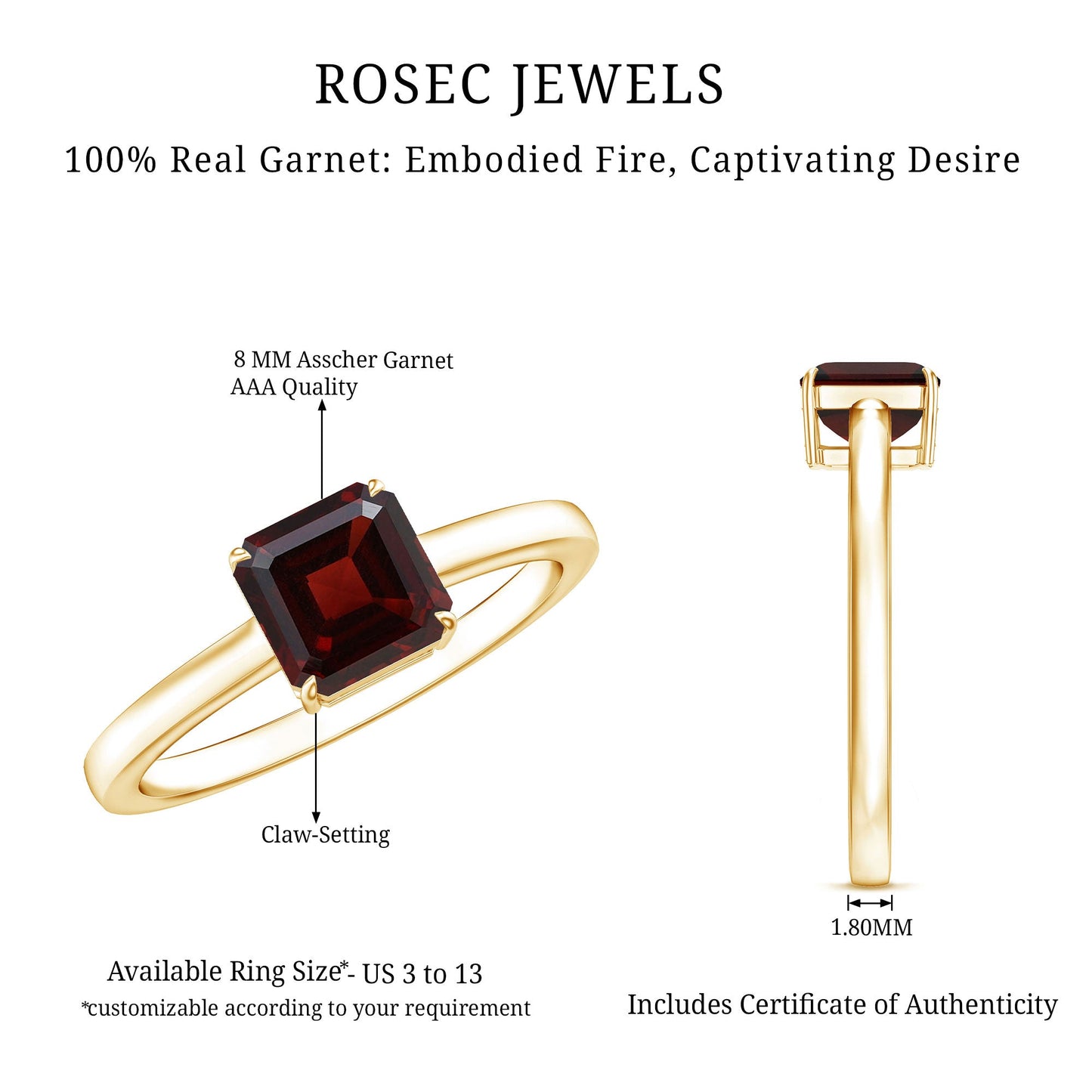 3.3 Carat Real Garnet Asscher Cut Engagement Ring with Certificate