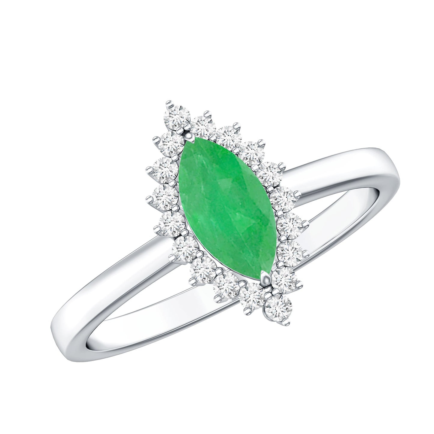 Elongated Marquise Cut Emerald Engagement Ring with Diamond Halo