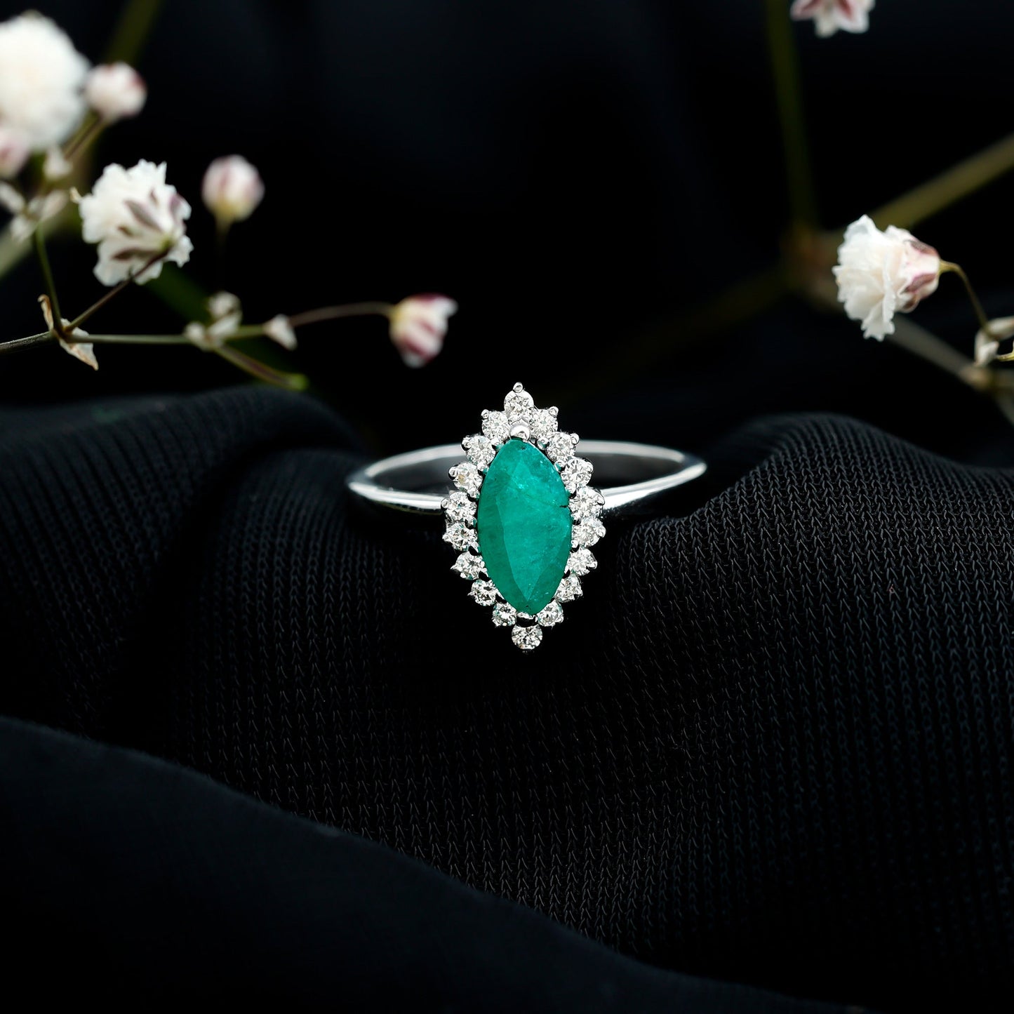 Elongated Marquise Cut Emerald Engagement Ring with Diamond Halo