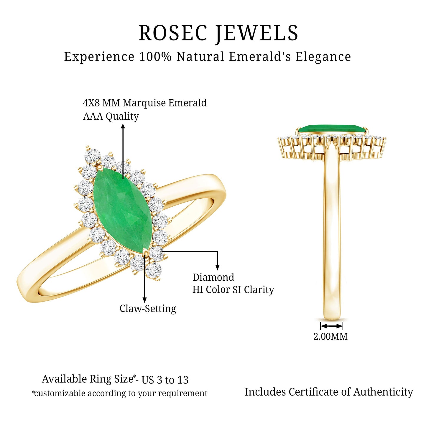 Elongated Marquise Cut Emerald Engagement Ring with Diamond Halo