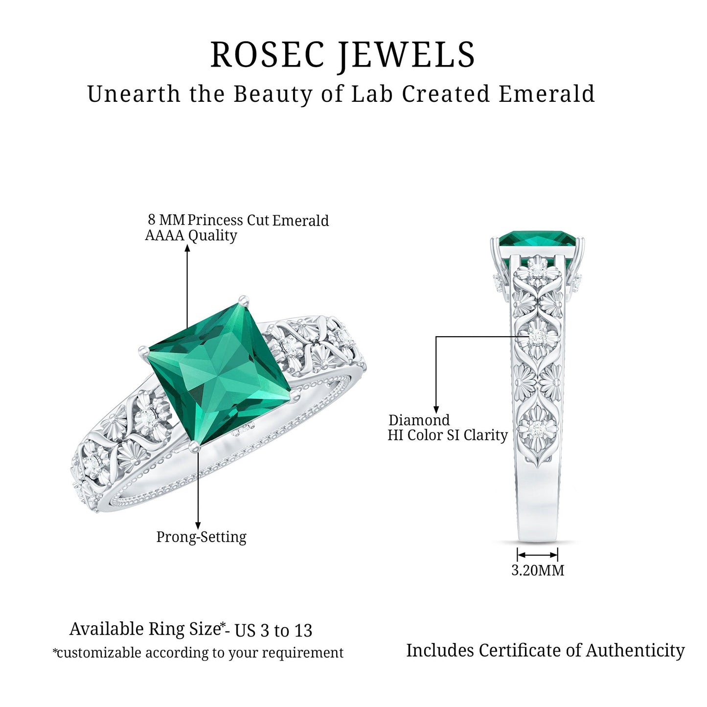 Princess Cut Lab Grown Emerald Solitaire Engagement Ring with Diamond