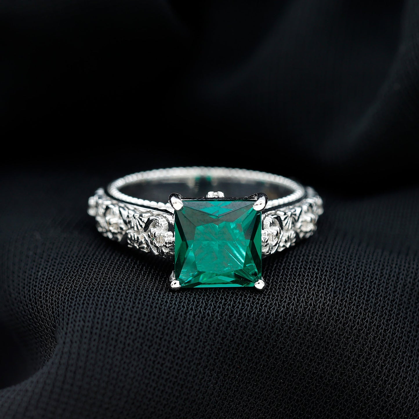 Princess Cut Lab Grown Emerald Solitaire Engagement Ring with Diamond