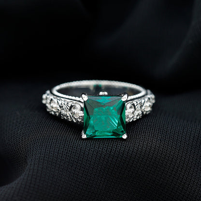 Princess Cut Lab Grown Emerald Solitaire Engagement Ring with Diamond