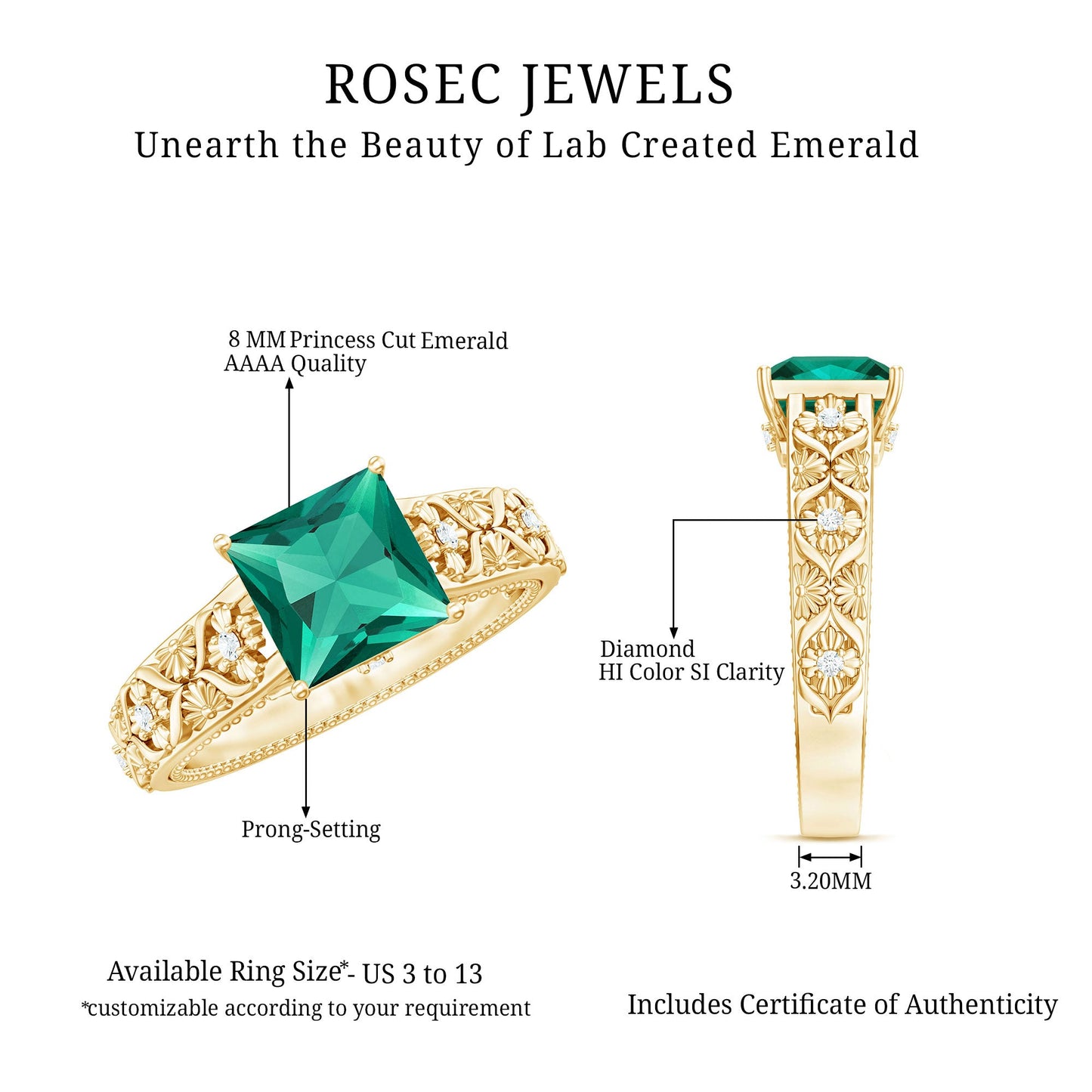 Princess Cut Lab Grown Emerald Solitaire Engagement Ring with Diamond