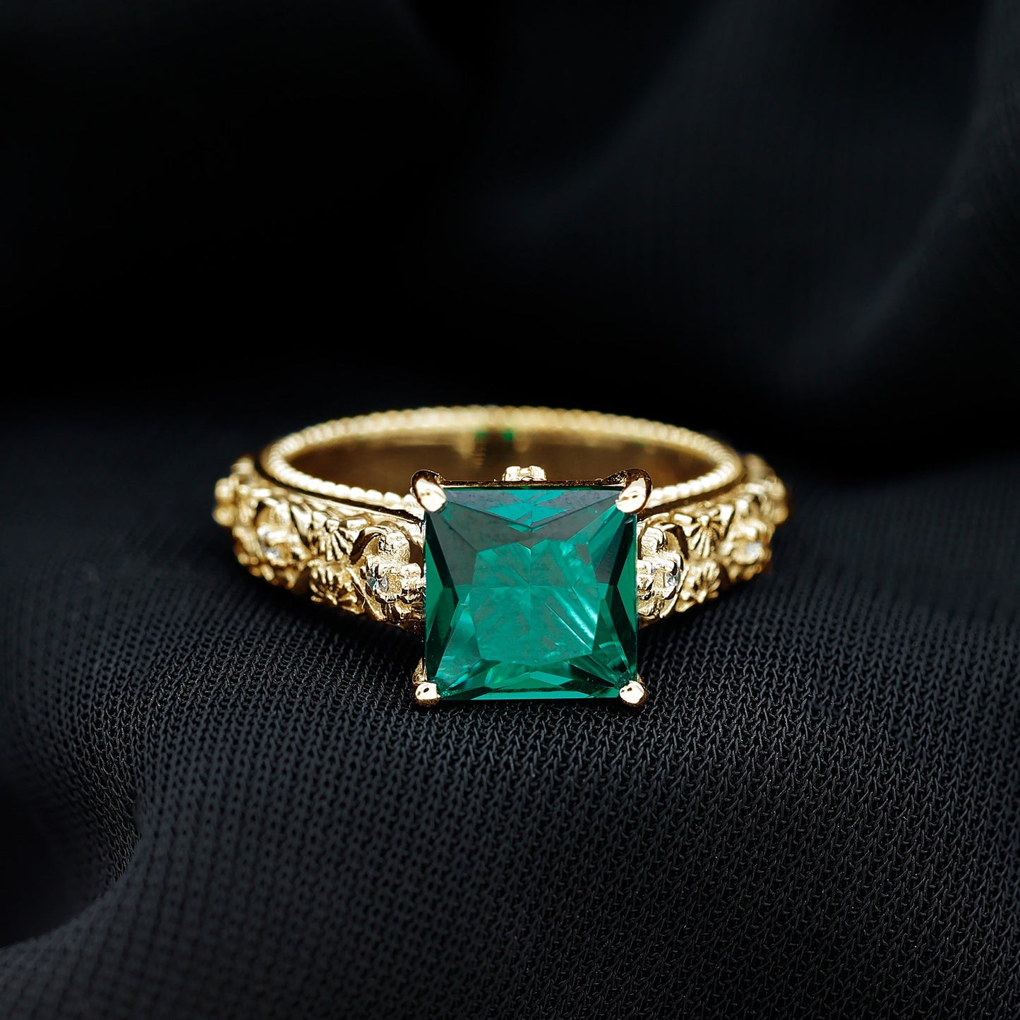 Princess Cut Lab Grown Emerald Solitaire Engagement Ring with Diamond
