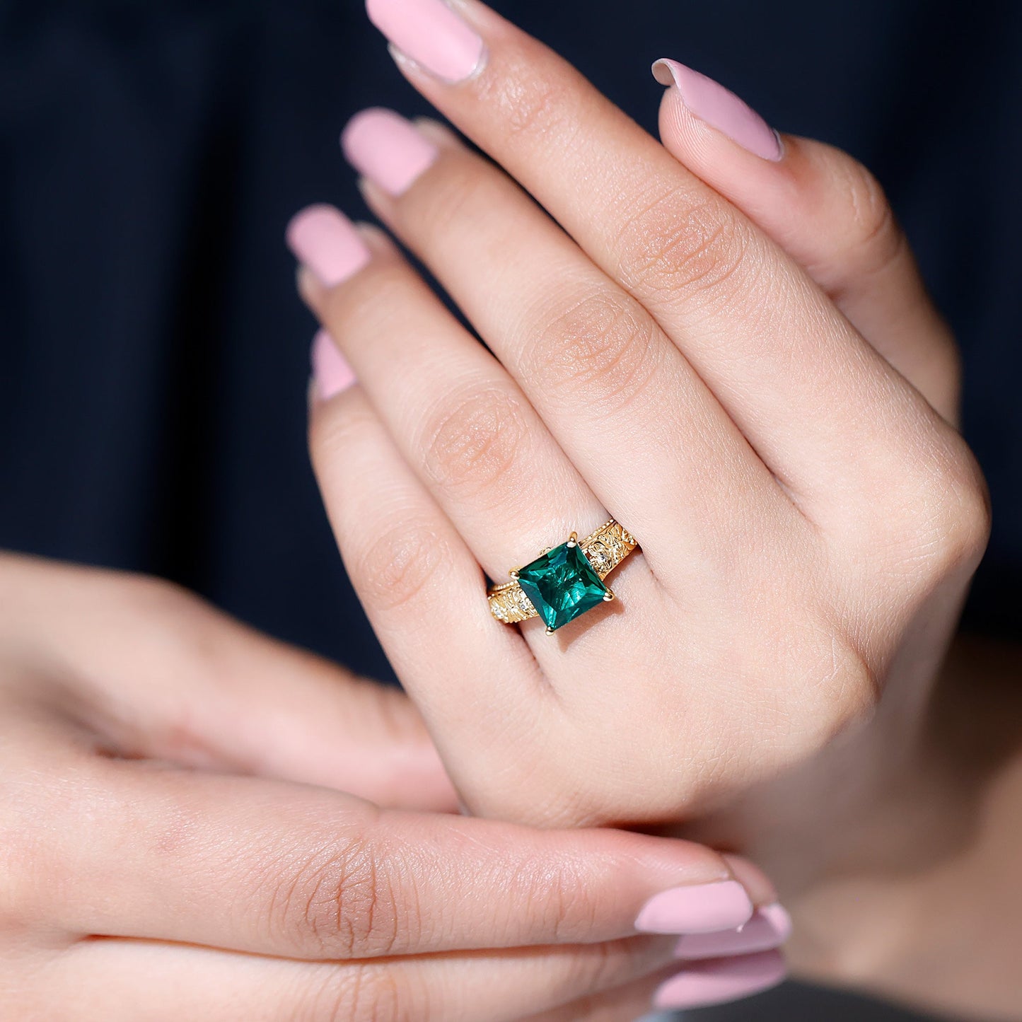Princess Cut Lab Grown Emerald Solitaire Engagement Ring with Diamond