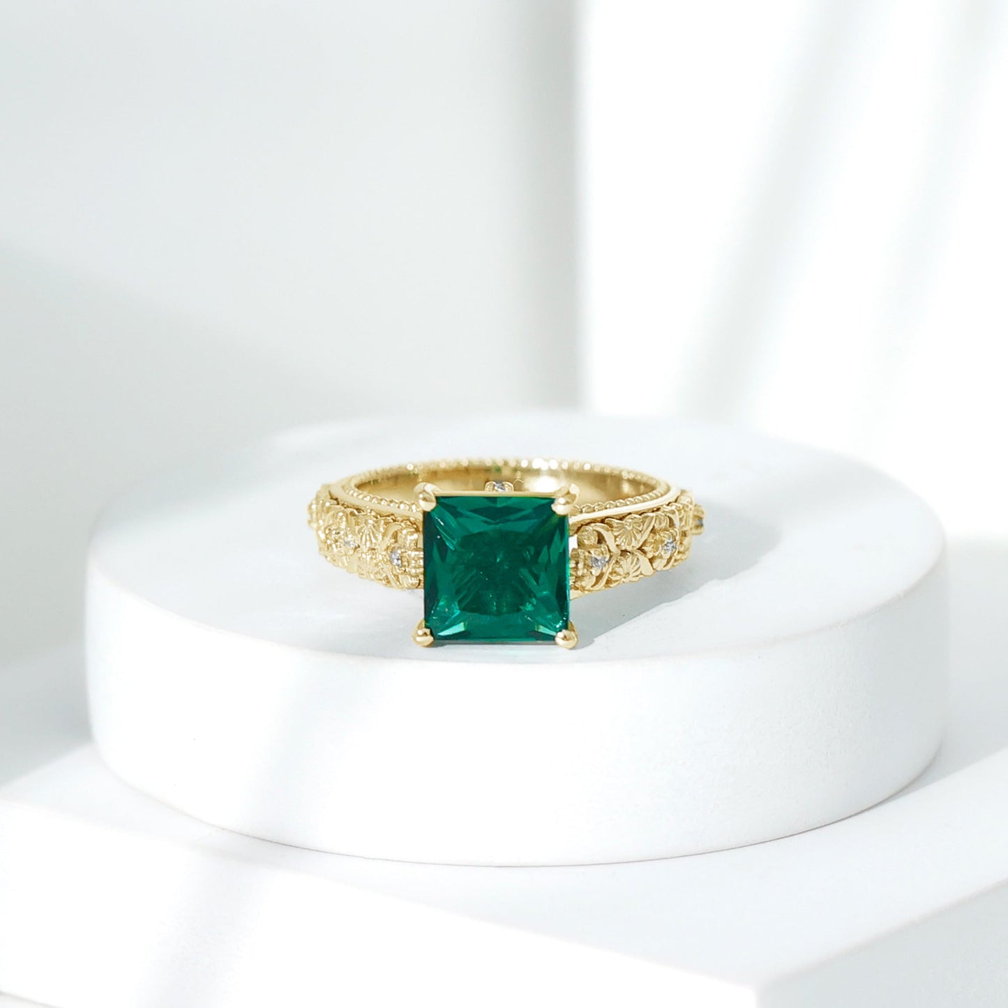 Princess Cut Lab Grown Emerald Solitaire Engagement Ring with Diamond