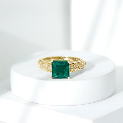 Princess Cut Lab Grown Emerald Solitaire Engagement Ring with Diamond