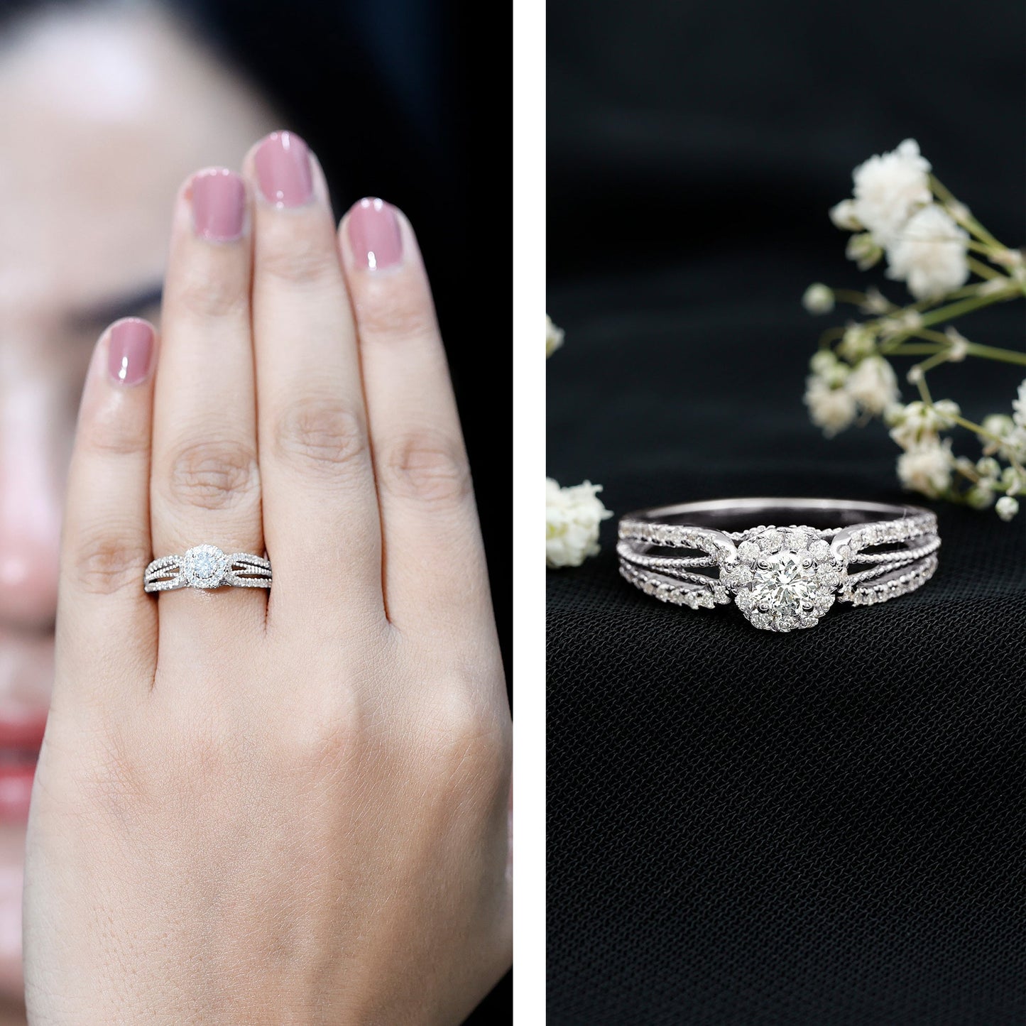Real Diamond Designer Engagement Ring in Split Shank