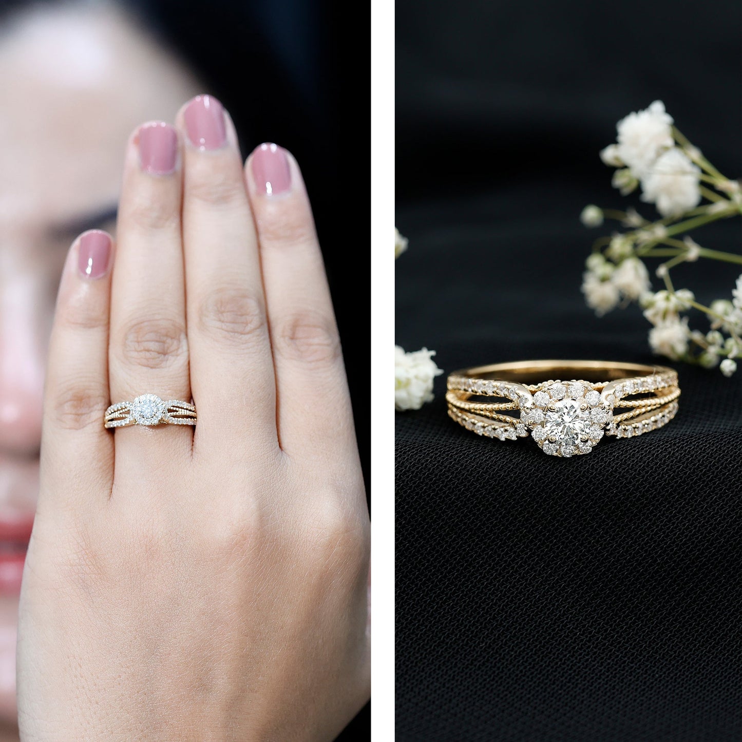 Real Diamond Designer Engagement Ring in Split Shank
