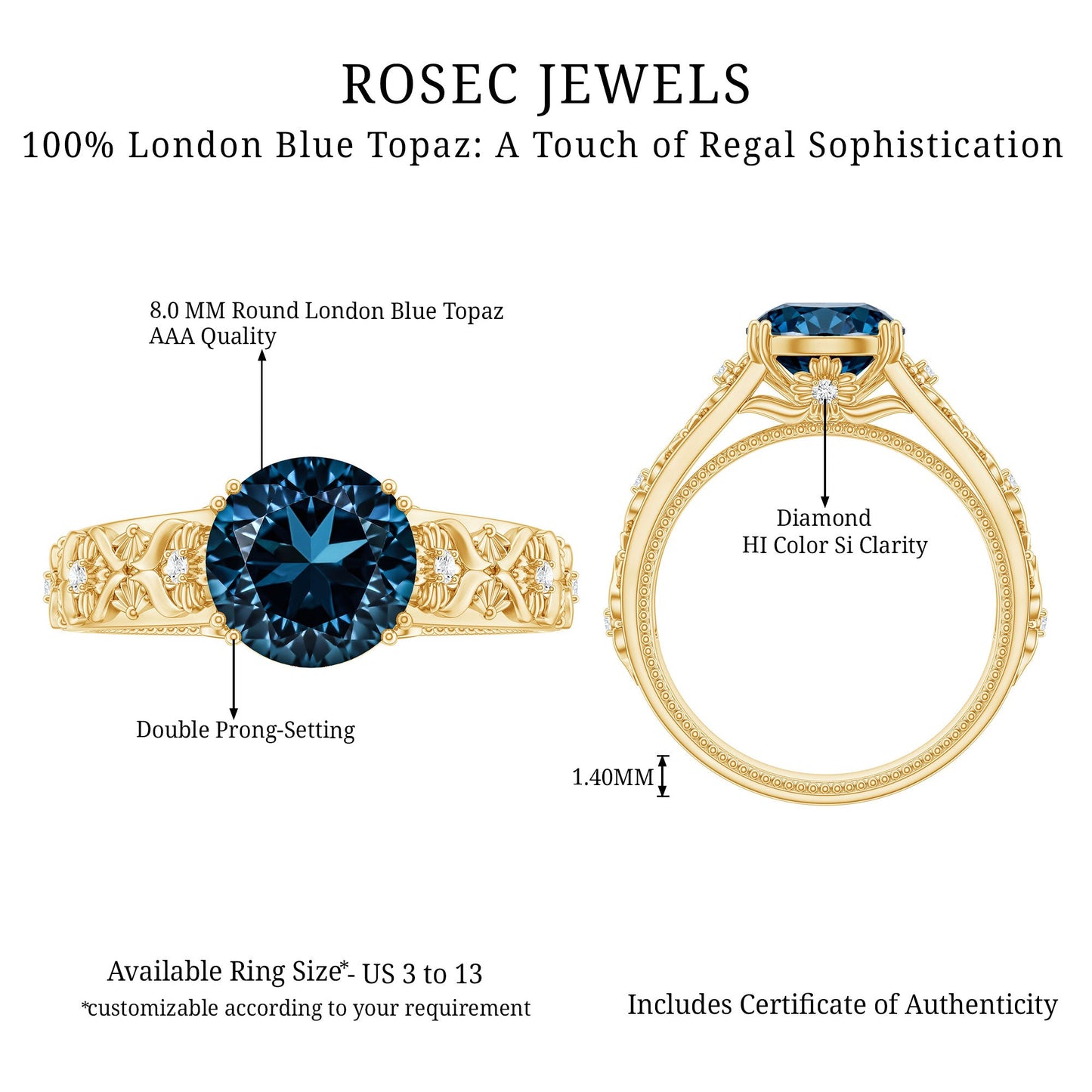2 Carat Round London Blue Topaz Vintage Engagement Ring with Certificate