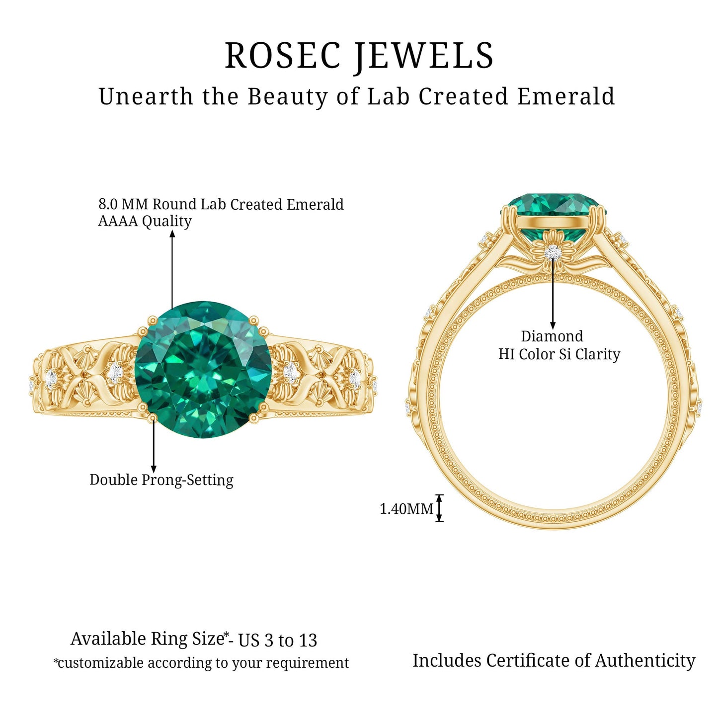 2 Carat Round Lab Created Emerald Antique Looking Engagement Ring with Diamond