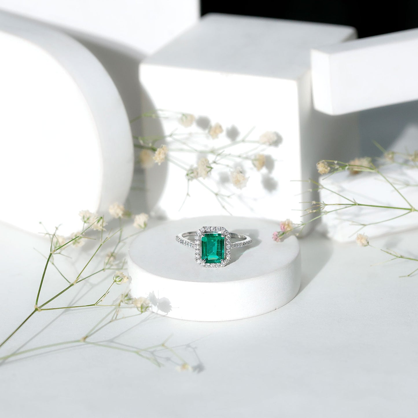 1.6 Carat Emerald Cut Lab Created Emerald Engagement Ring With Moissanite Halo