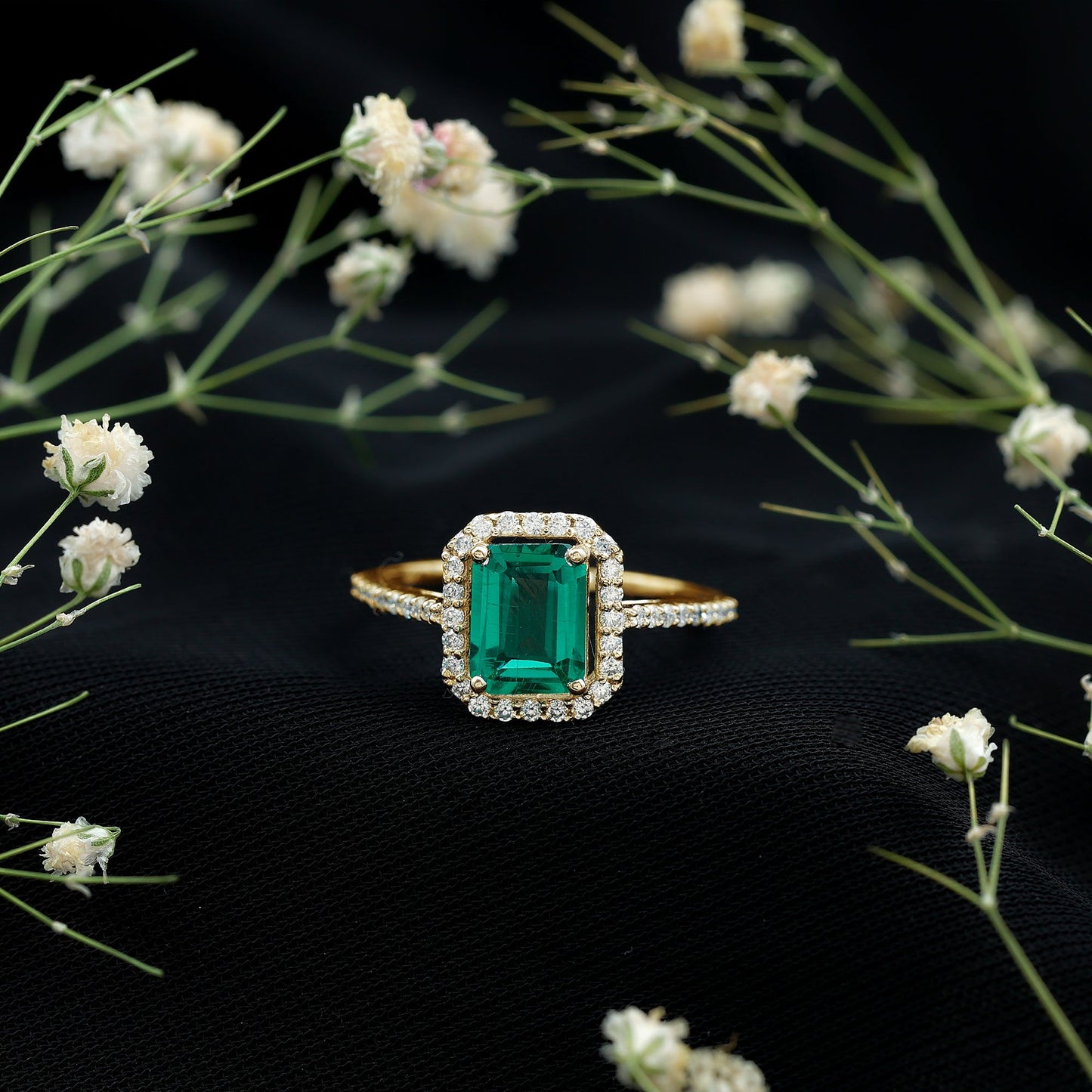 1.6 Carat Emerald Cut Lab Created Emerald Engagement Ring With Moissanite Halo