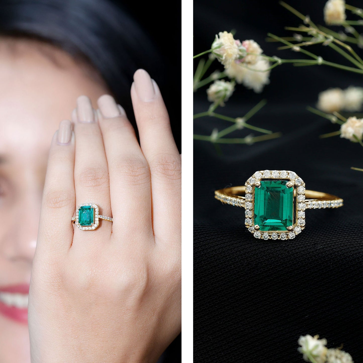 1.6 Carat Emerald Cut Lab Created Emerald Engagement Ring With Moissanite Halo
