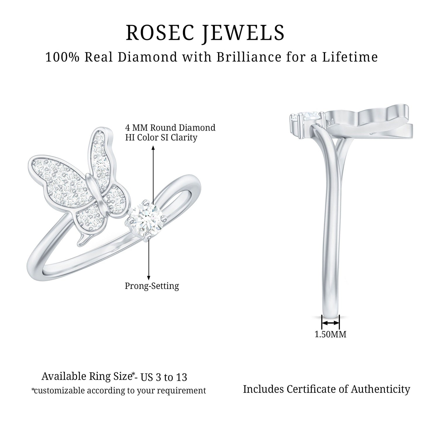 Natural Diamond Butterfly Ring with Certificate