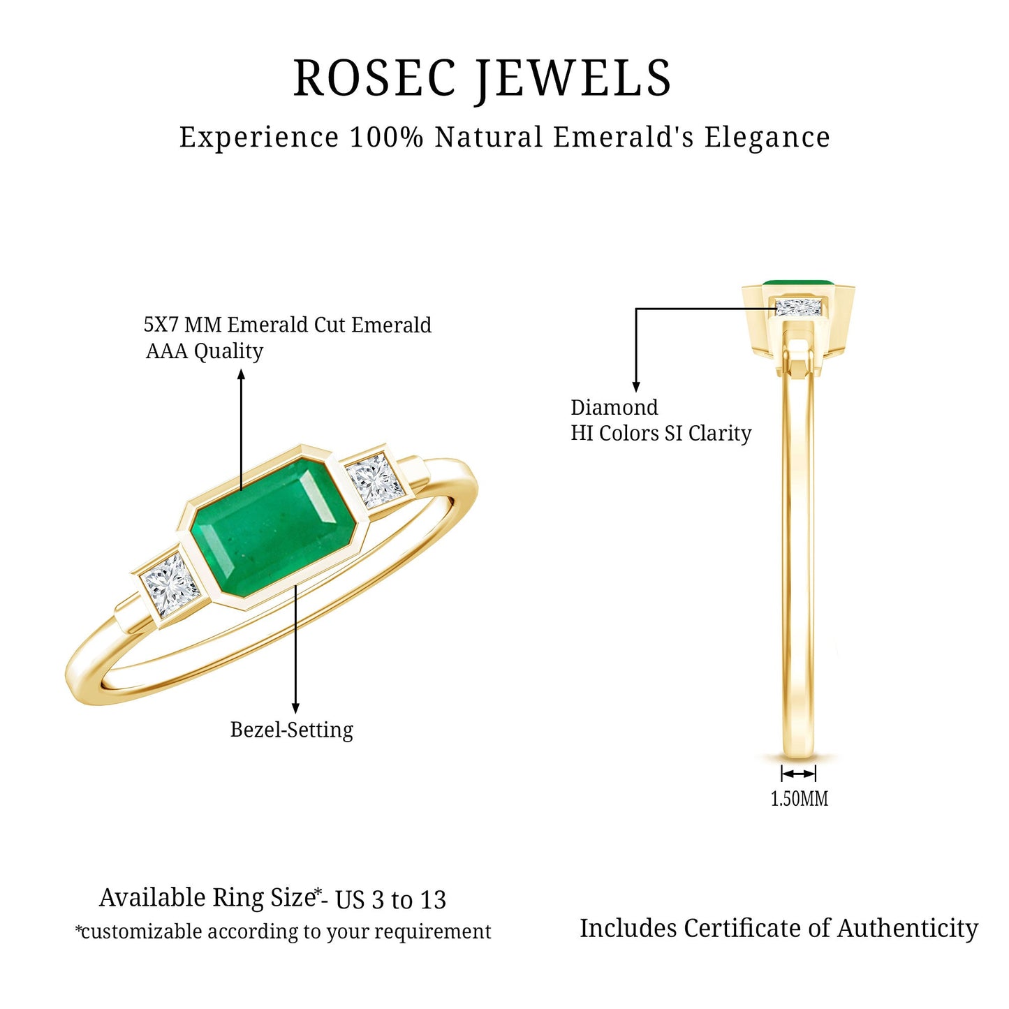 Octagon shape Emerald and Diamond East-West Promise Ring in Bezel Setting