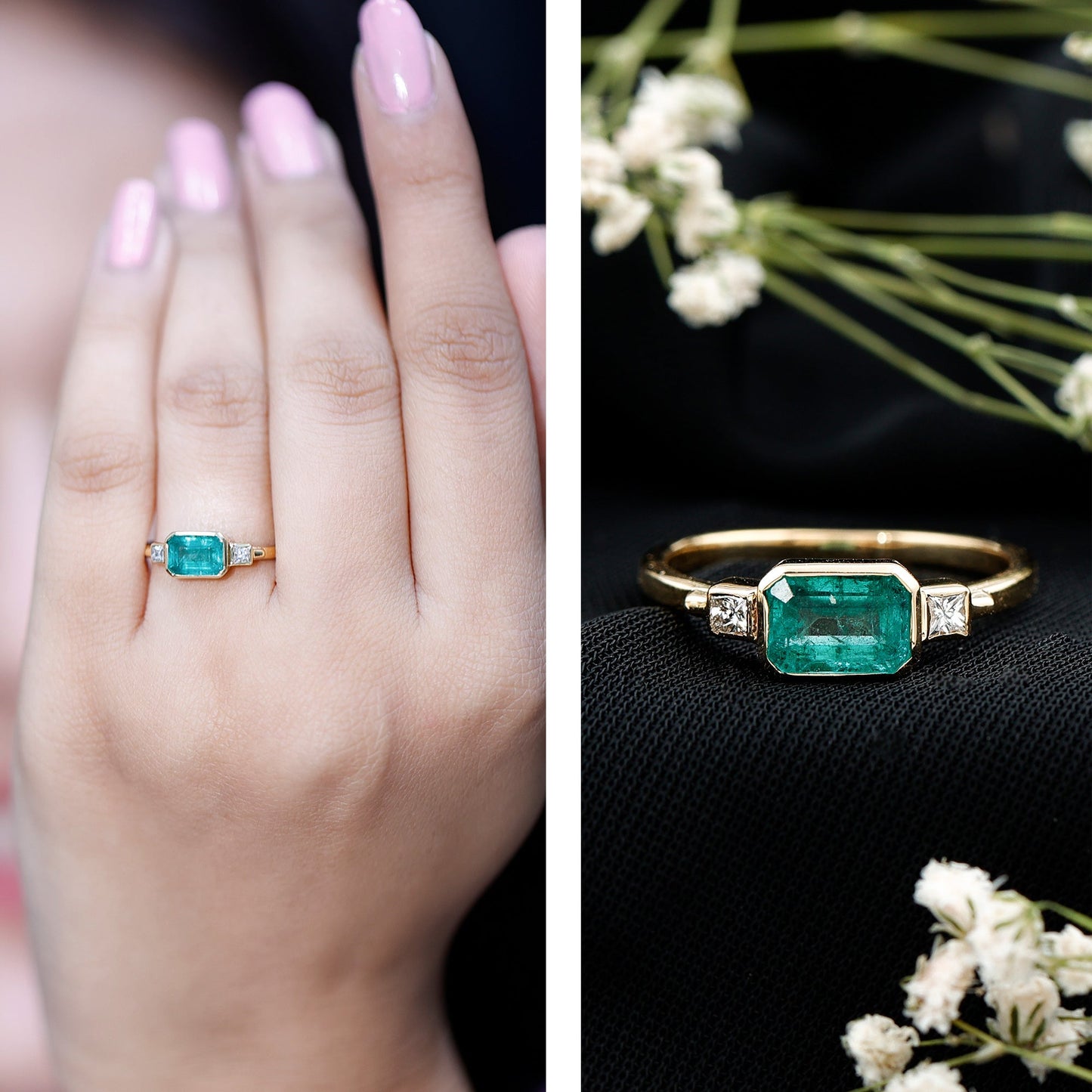 Octagon shape Emerald and Diamond East-West Promise Ring in Bezel Setting