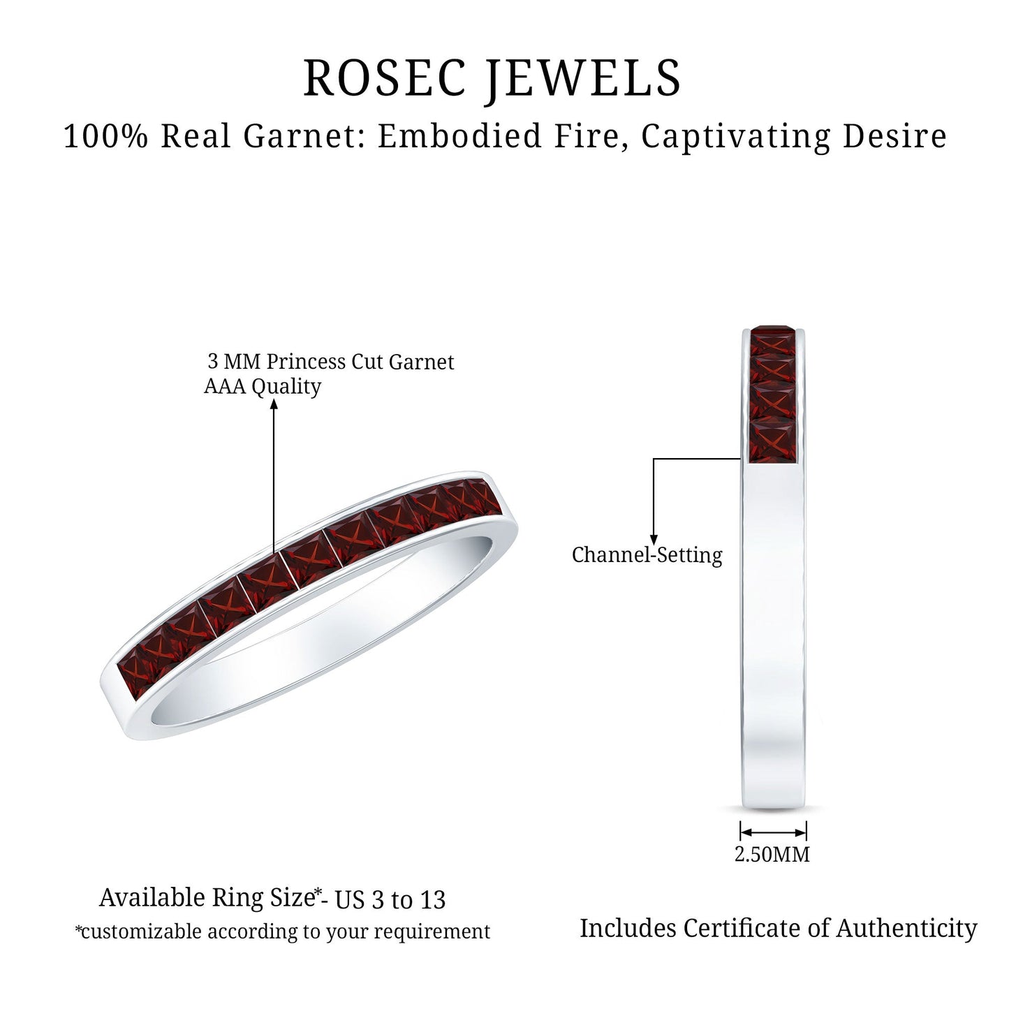 Natural Princess Cut Garnet Half Eternity Ring in Channel Set
