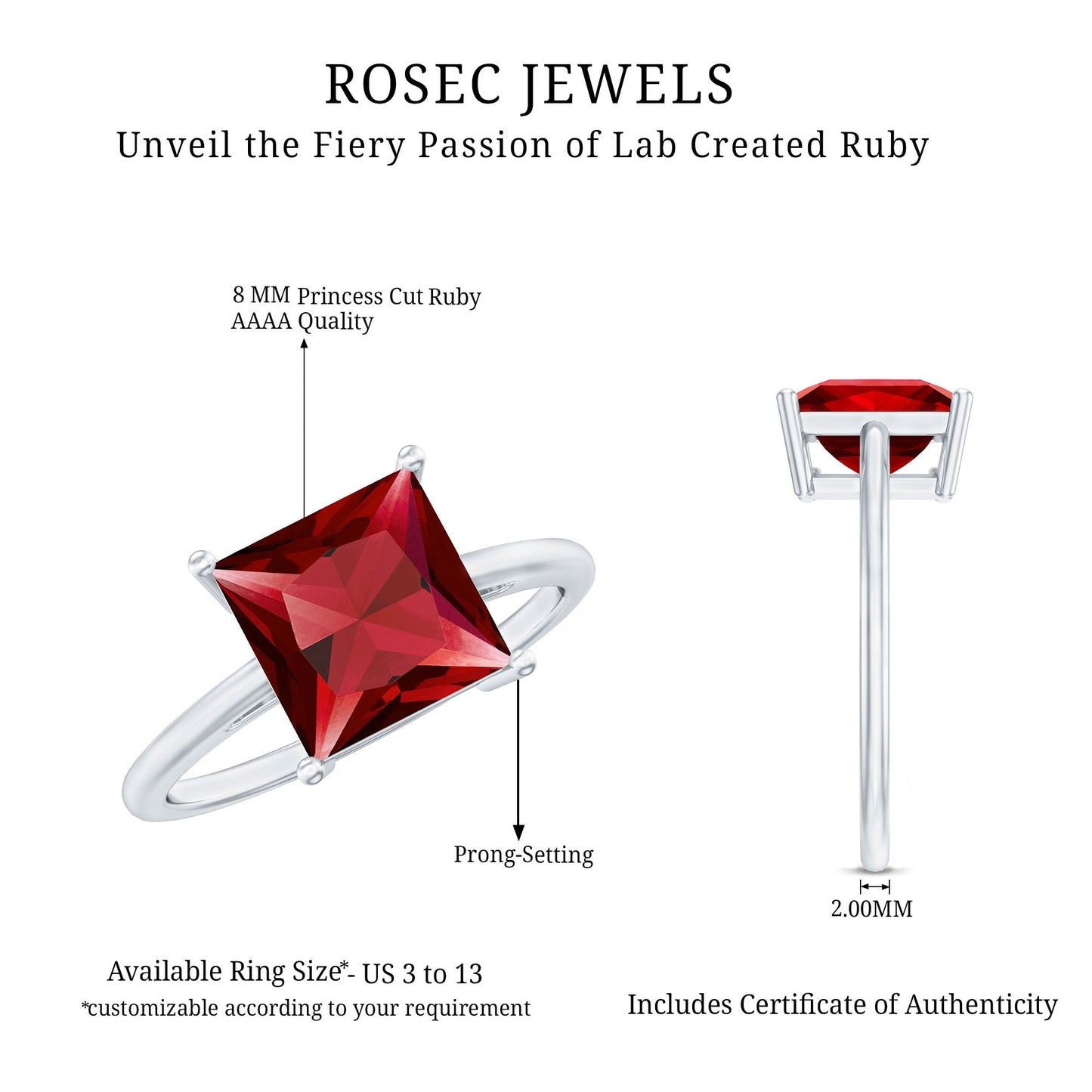2.5 Carat Princess Cut Lab Created Ruby Solitaire Ring