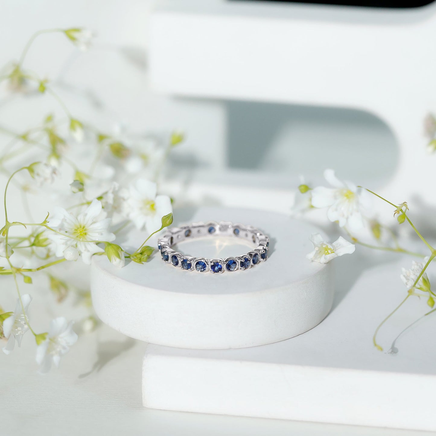 Certified Round Cut Lab Grown Blue Sapphire Eternity Band Ring