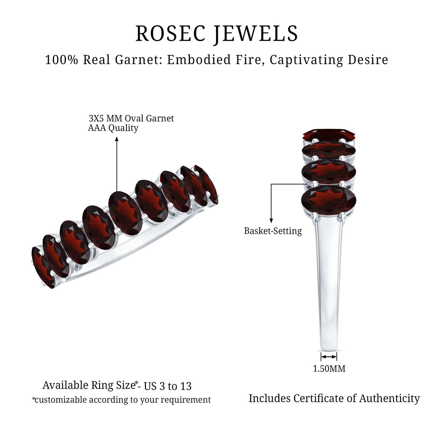 Genuine Oval Shape Garnet Half Eternity Ring